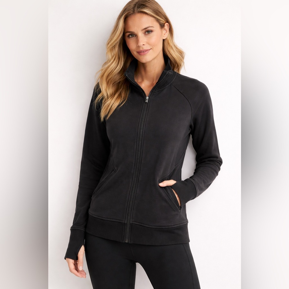 Athleta Triumph Full Zip Jacket Black Ribbed Panels Size Medium